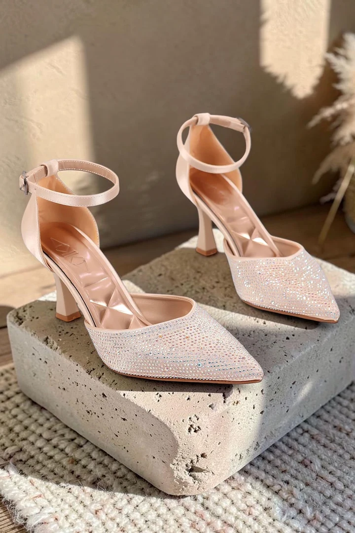 Kadın Stiletto Bilekten Bağlama Taşlı Abiye Topuklu Ayakkabı Bej