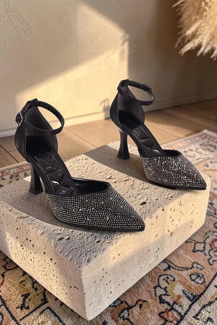 Kadın Stiletto Bilekten Bağlama Taşlı Abiye Topuklu Ayakkabı Siyah
