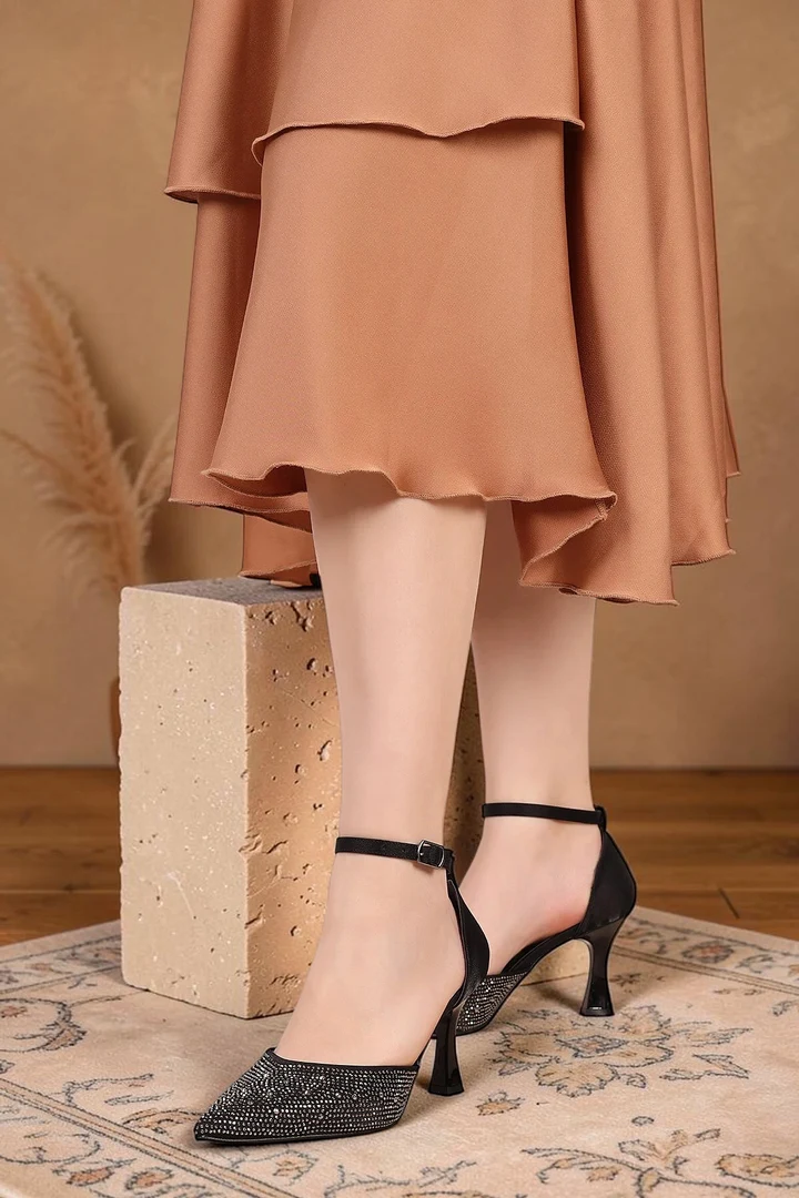 Kadın Stiletto Bilekten Bağlama Taşlı Abiye Topuklu Ayakkabı Siyah