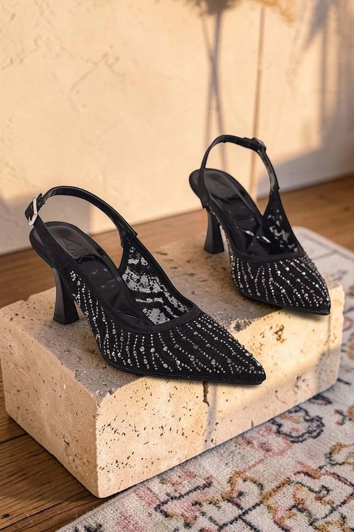 Kadın Stiletto Taş Detaylı Kumaş Abiye Topuklu Ayakkabı Siyah